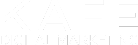The image shows the words "KAFE DIGITAL MARKETING" in large, bold white letters on a light background.