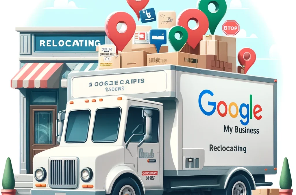 A moving truck labeled "Google Business Profile Relocating" is parked in front of a store with signs, featuring location pins and boxes on top.