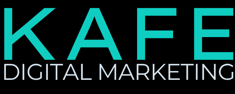 The image displays the words "KAFE DIGITAL MARKETING" with "KAFE" in large turquoise letters above "DIGITAL MARKETING" in smaller white letters on a black background.